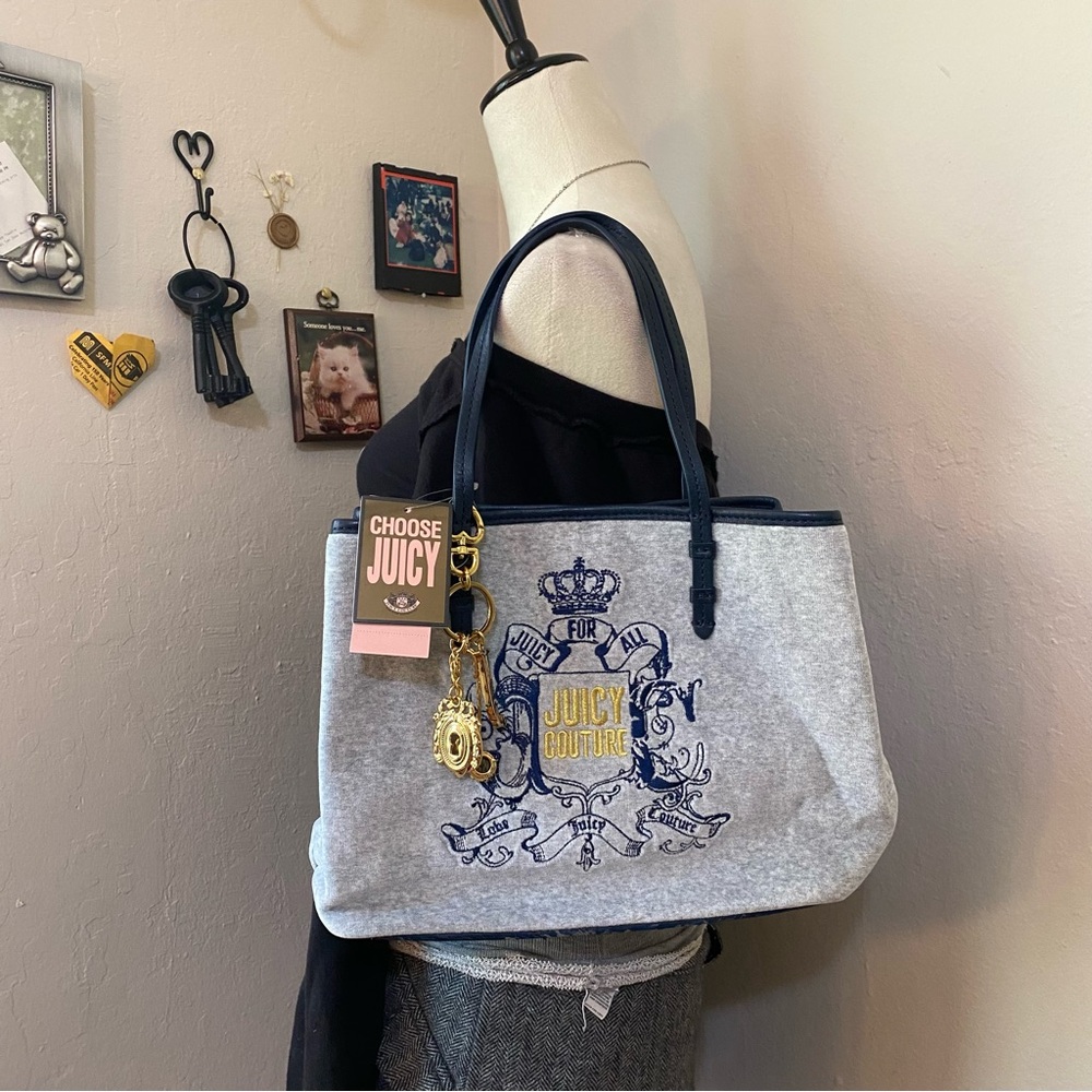Juicy Couture Gray Tote with Navy Trim and Gold Charm